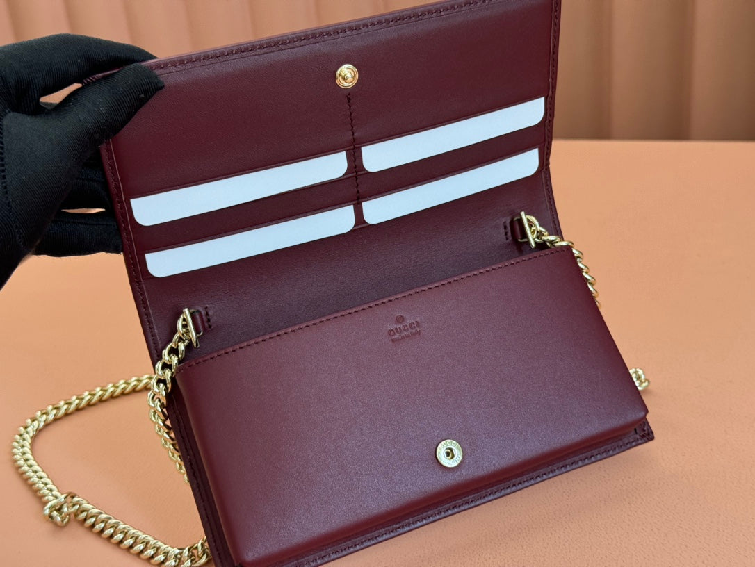 HORSEBIT 1955 WALLET ON CHAIN 19 IN BEIGE DARK BROWN NEW GG AND ROSSO ANCORA RED CALFSKIN