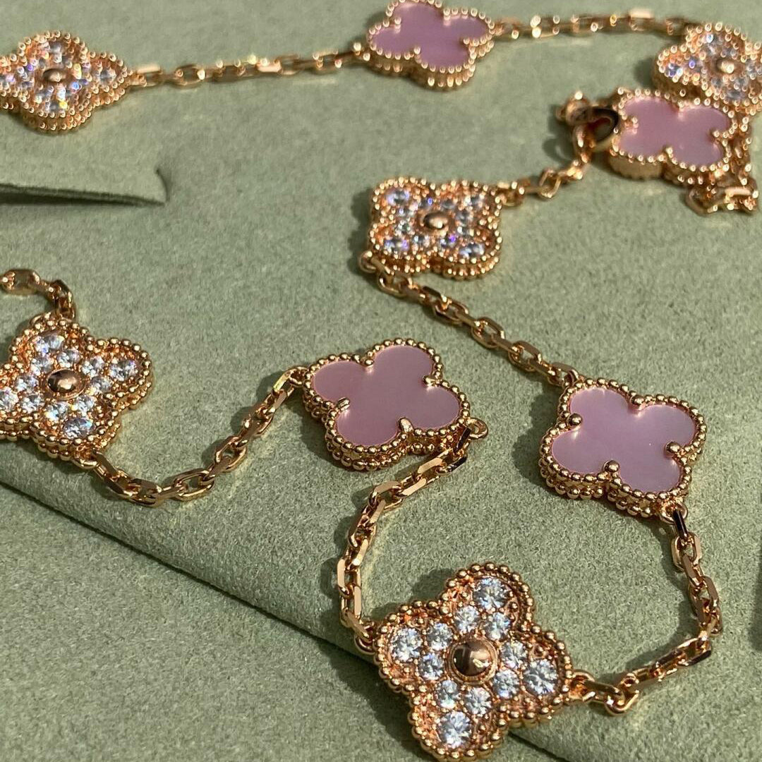 [AURORA]CLOVER 10 MOTIFS DIAMOND PINK MOP NECKLACE