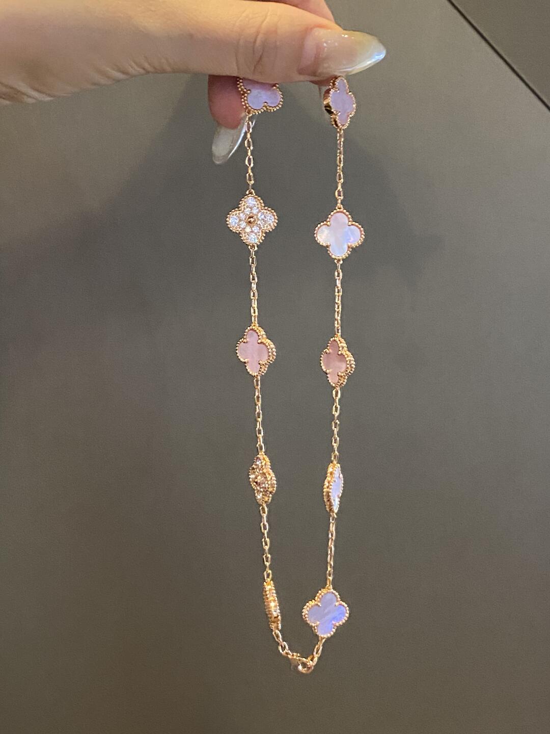[AURORA]CLOVER 10 MOTIFS DIAMOND PINK MOP NECKLACE