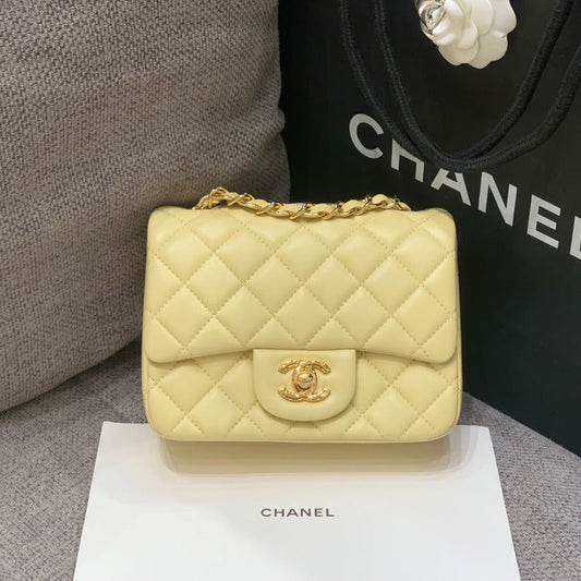 MINI SQUARE FLAP BAG 17CM YELLOW LAMBSKIN GOLD HARDWARE