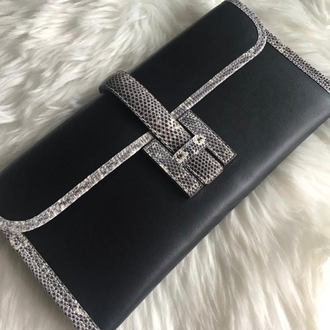 JIGE ELAN 29 CLUTCH IN BLACK CALFSKIN WITH WHITE LIZARD SKIN (MADE-TO-ODER)