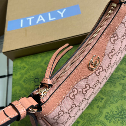 OPHIDIA GG SMALL 25 HANDBAG IN LIGHT PINK CANVAS AND CALFSKIN