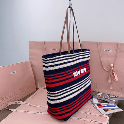 LARGE SHOPPING BAG 40 IN NATURAL MIX BLUE WOVEN RAFFIA LEATHER STRAP