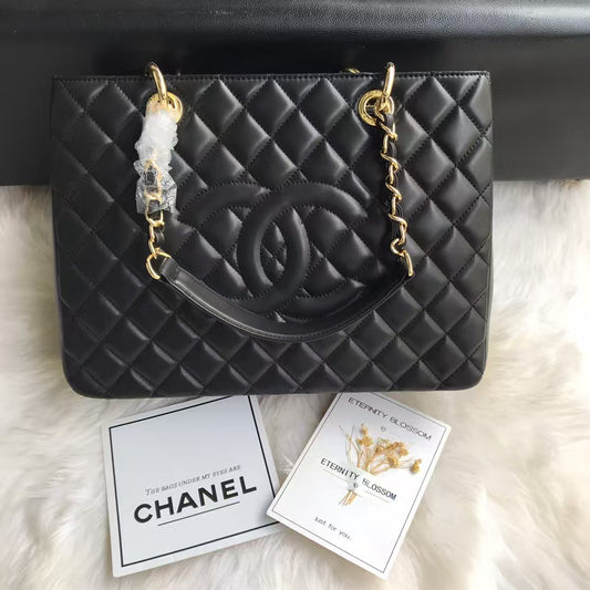 GST BLACE LEATHER SHOPPING BAG WITH GOLD HARDWARE