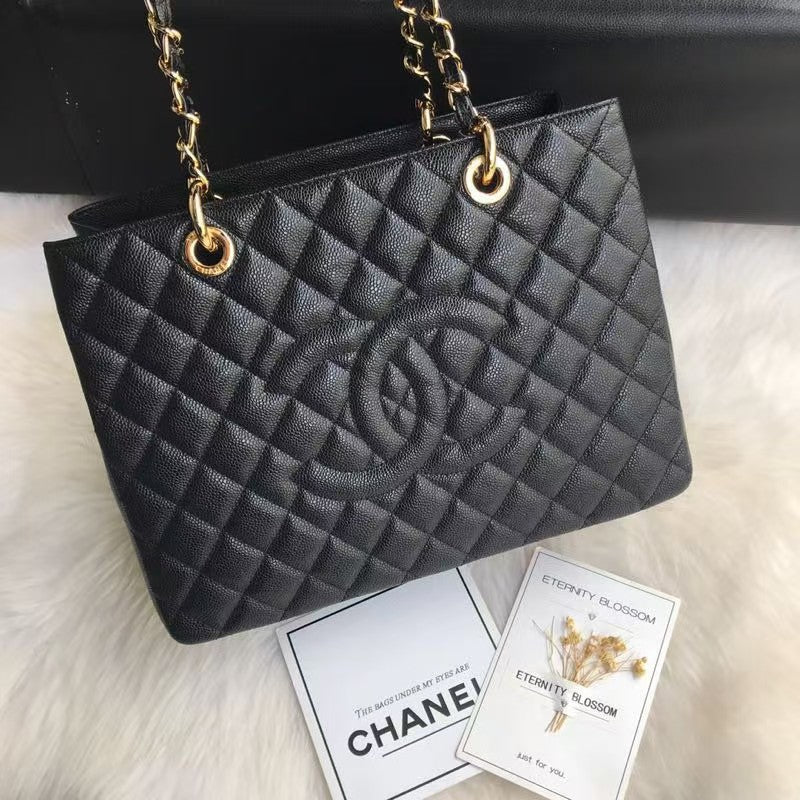 GST BLACK SPHERICAL LEATHER SHOPPING BAG WITH GOLD HARDWARE