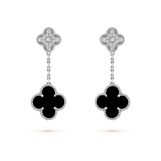 [AURORA]CLOVER 2 MOTIFS  DIAMOND ONYX EARRINGS SILVER