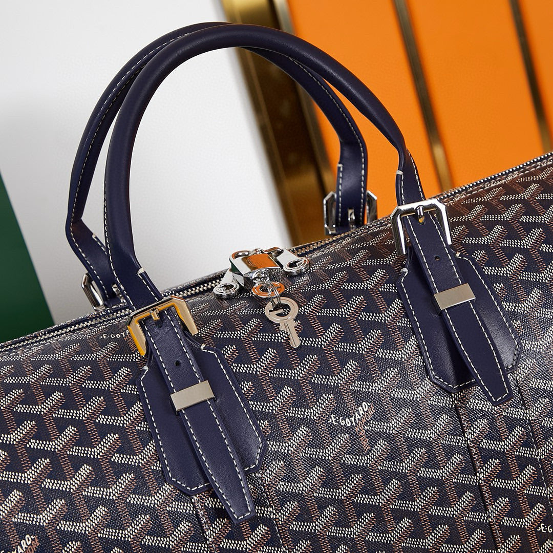 BOSTON 45 BAG IN NAVY BLUE GOYARDINE CANVAS AND CALFSKIN TRIM