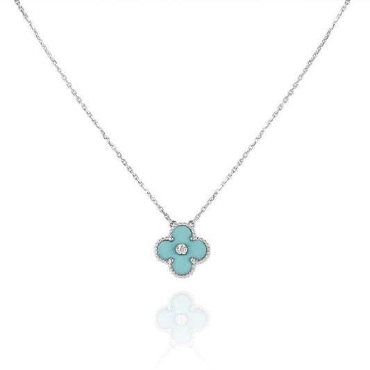 [AURORA]CLOVER 1 DIAMOND LIGHT BLUE SILVER NECKLACE