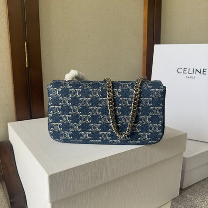 CHAIN SHOULDER BAG CLAUDE 20 IN BAYOUX BLUE TRIOMPHE DENIM SILVER HARDWARE