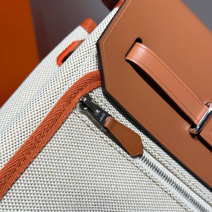 HERMES 25S MINI HERBAG 20 IN BEIGE AND BROWN CANVAS SILVER HARDWARE