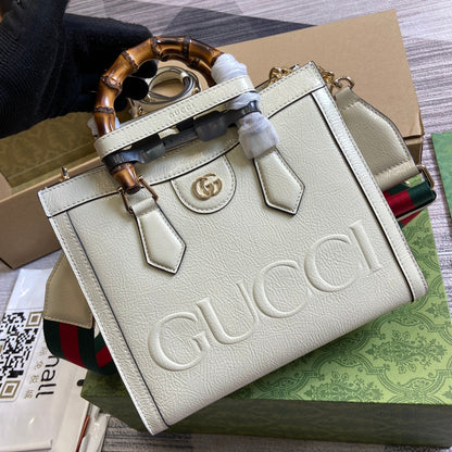 DIANA SMALL TOTE BAG 27 WITH WEB IN WHITE LACQUER CALFSKIN BAMBOO HANDLE