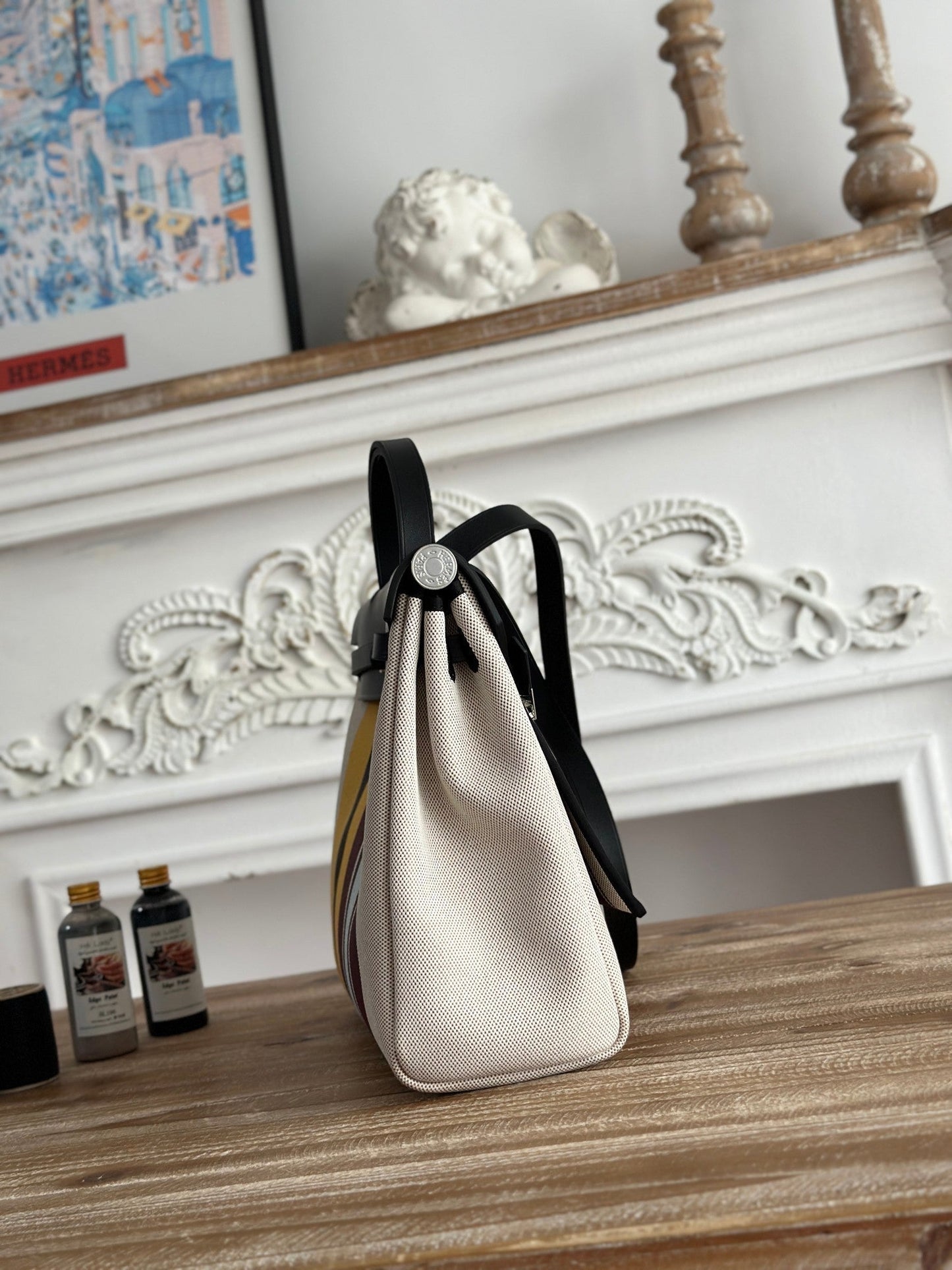 HERBAG ZIP 31 LAQUERED BAG IN BROWN MIX YELLOW H PLUME CANVAS