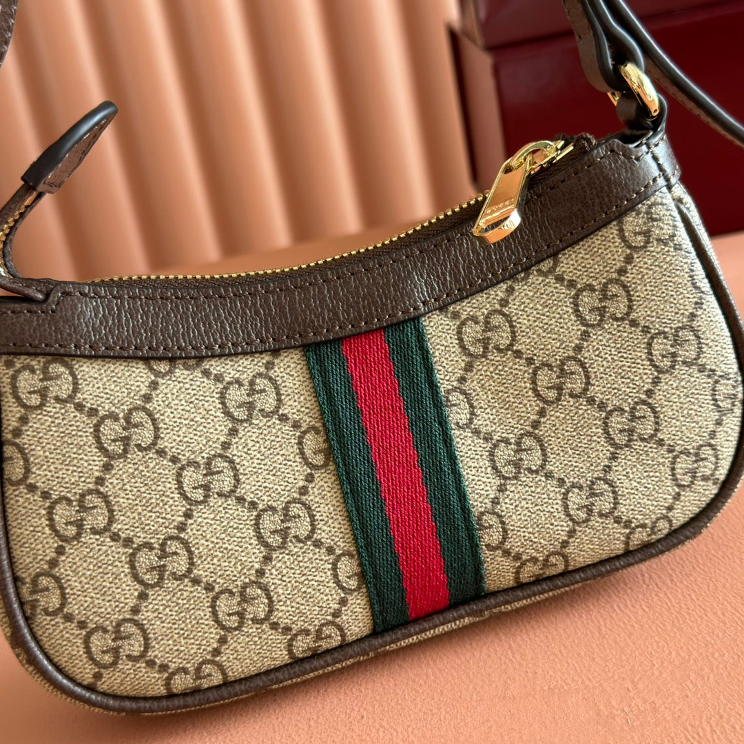 GUCCI 25S OPHIDIA SMALL SHOULDER BAG 19 IN BEIGE CANVAS AND BROWN CALFSKIN