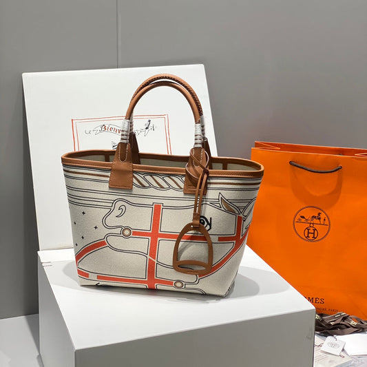 STEEPLE 28 BAG IN BEIGE CANVAS AND BROWN SWIFT LEATHER