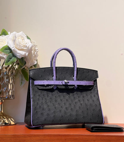 KELLY  SELLIER 25 BAG IN BLACK MIX AMETHYST PURPLE OSTRICH LEATHER (MADE-TO-ODER)