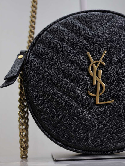 VINYLE SMALL ROUND BAG 17 IN BLACK CAVIAR LEATHER GOLD HARDWARE