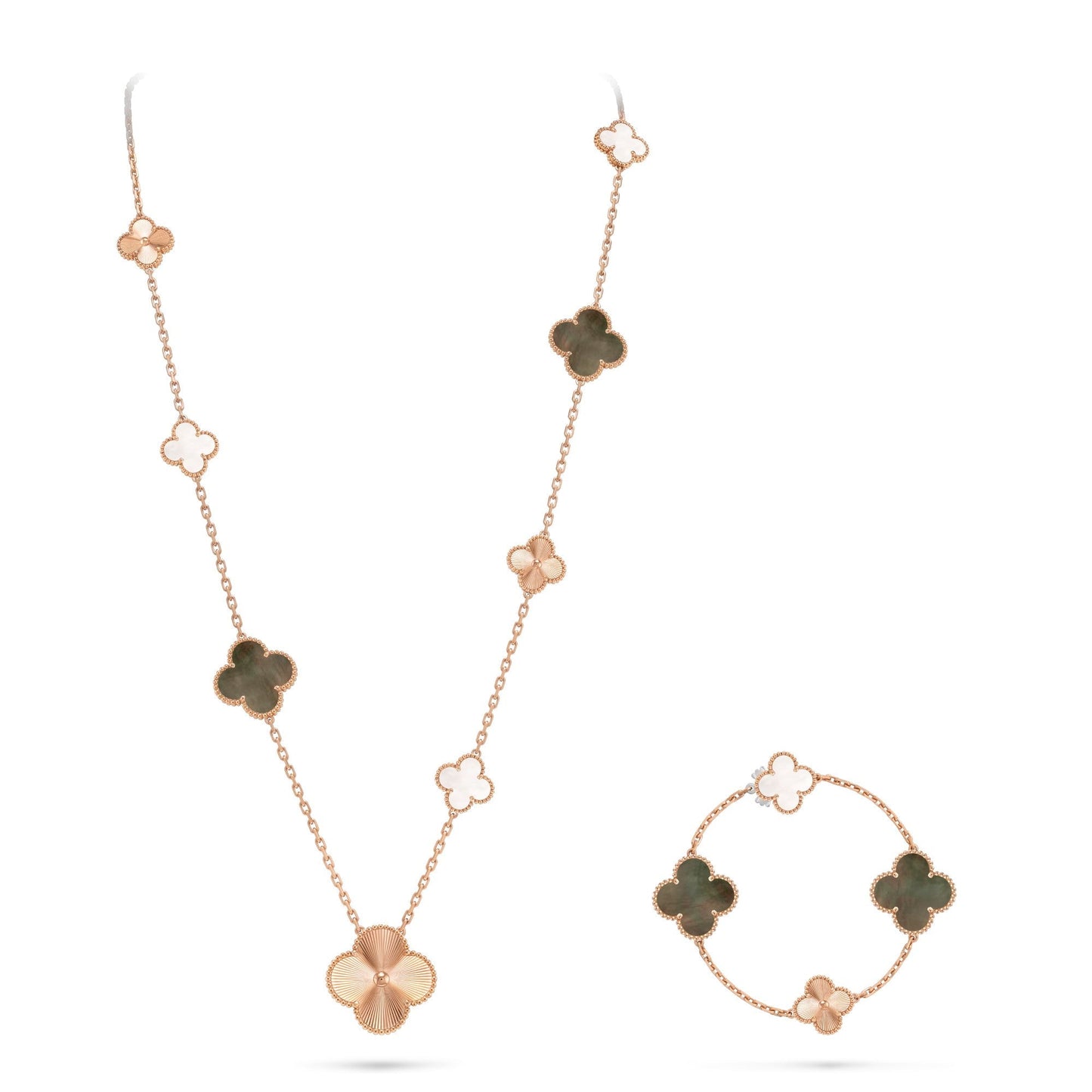 [AURORA]DETACHABLE CLOVER 15(11+4) FLOWER ROSE GOLD NECKLACE SET
