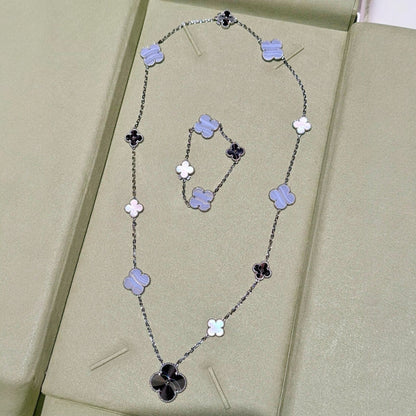 [AURORA]DETACHABLE CLOVER 15(11+4) FLOWER SILVER NECKLACE SET