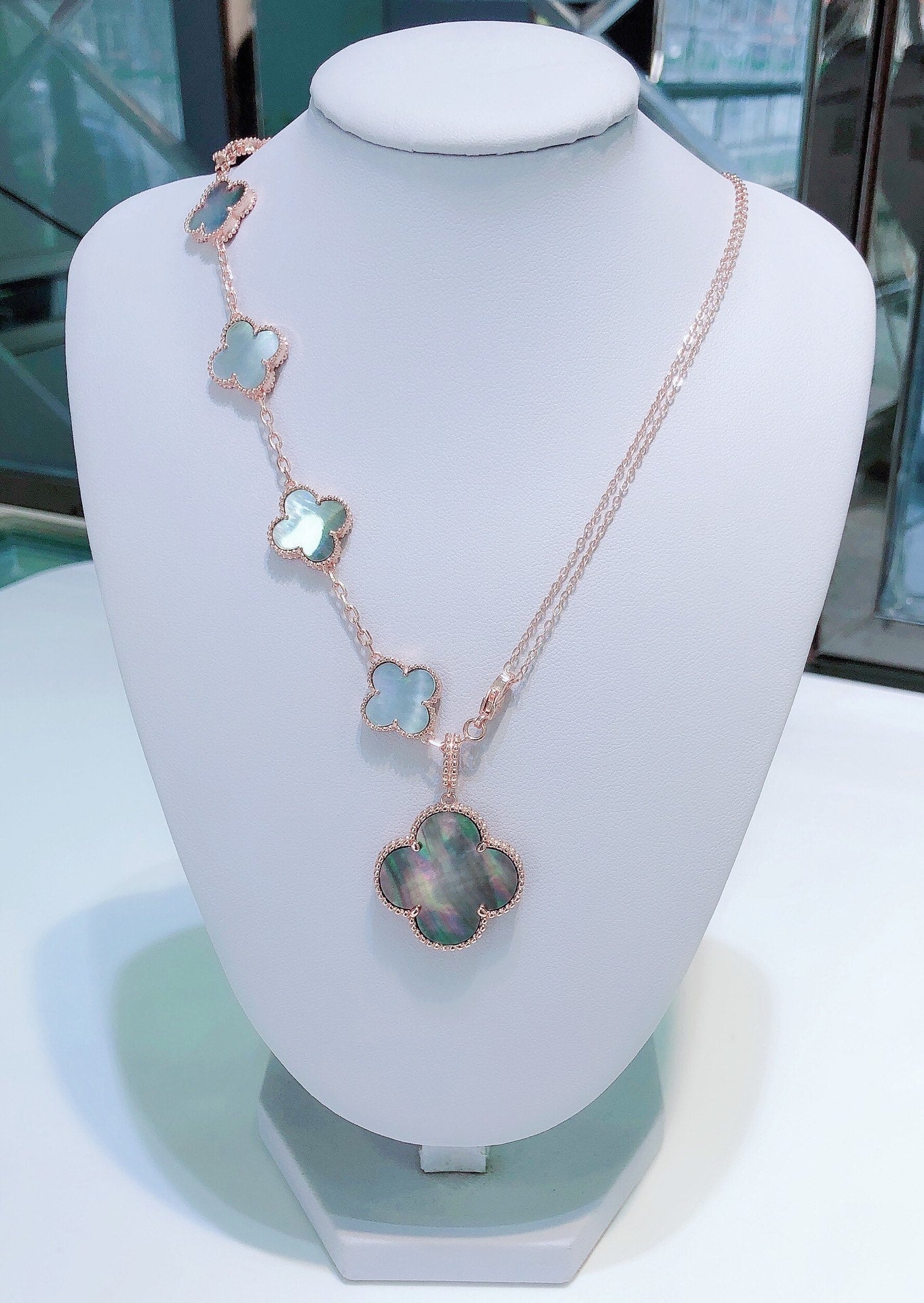[AURORA]COMBINED BRACELET 5 MOTIFS AND NECKLACE DARK MOP ROSE GOLD