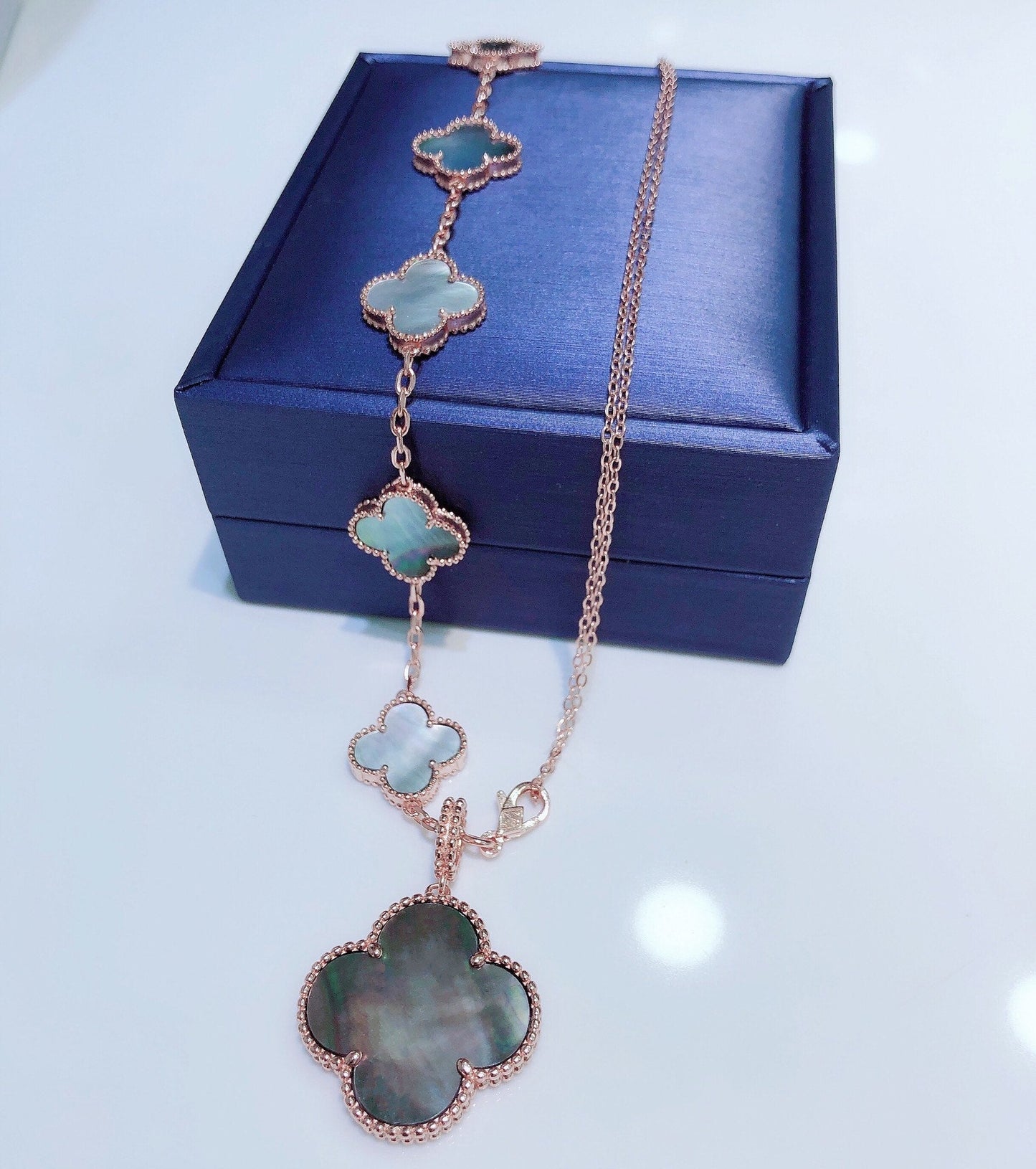 [AURORA]COMBINED BRACELET 5 MOTIFS AND NECKLACE DARK MOP ROSE GOLD
