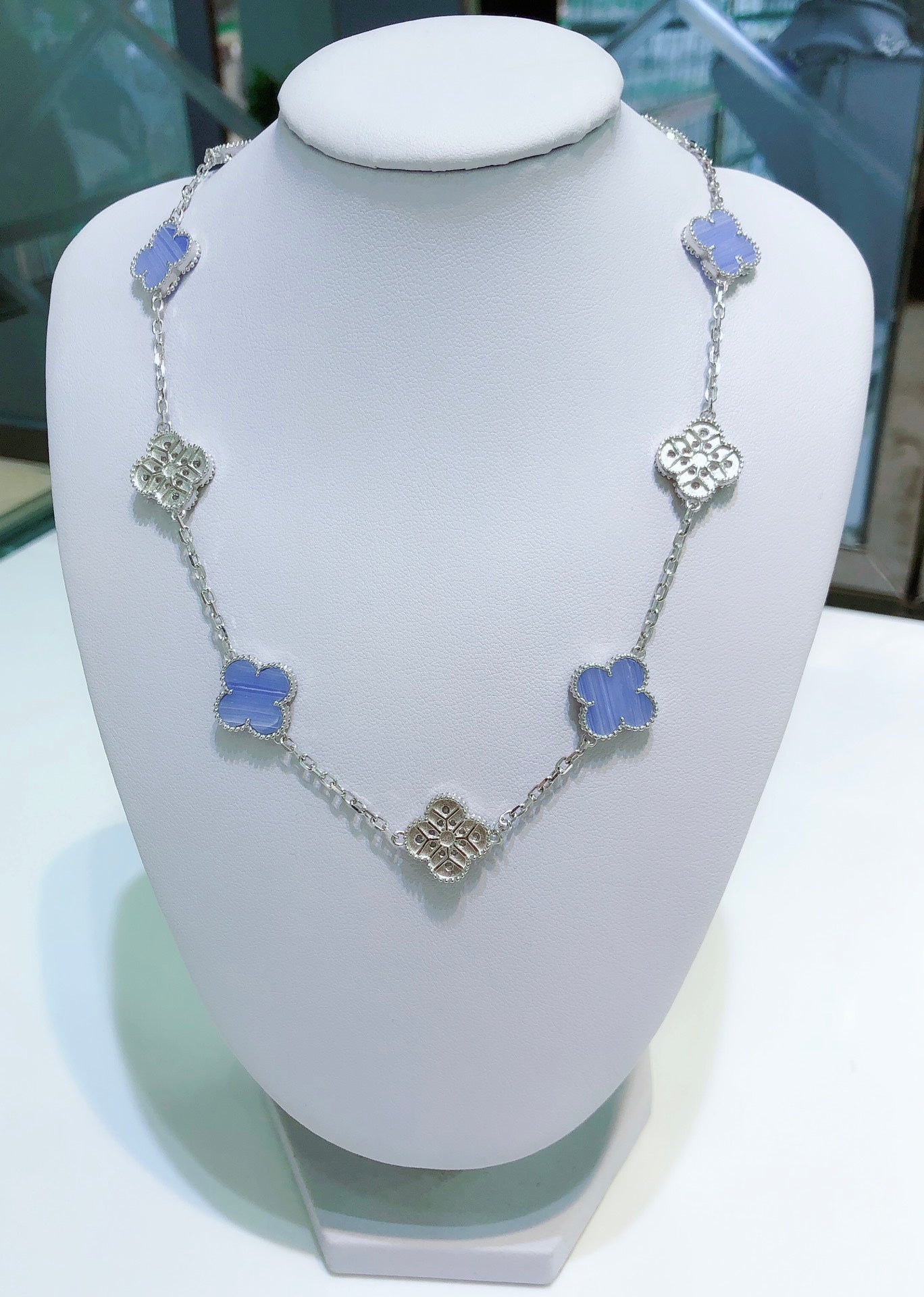 [basloveJW]CLOVER 10 MOTIVE CHALCEDON DIAMANTEN SILBER HALSKETTE