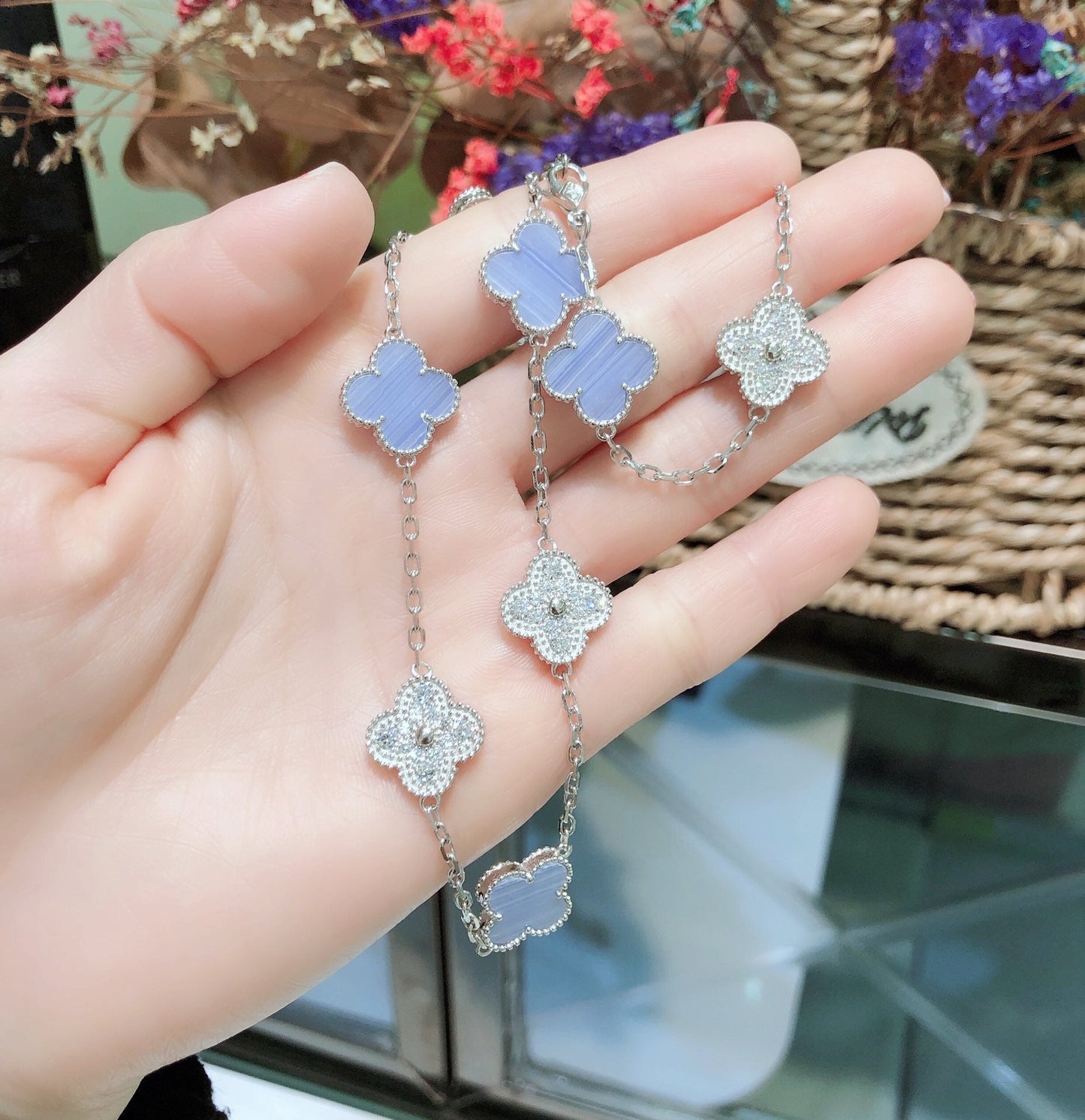 [basloveJW]CLOVER 10 MOTIVE CHALCEDON DIAMANTEN SILBER HALSKETTE