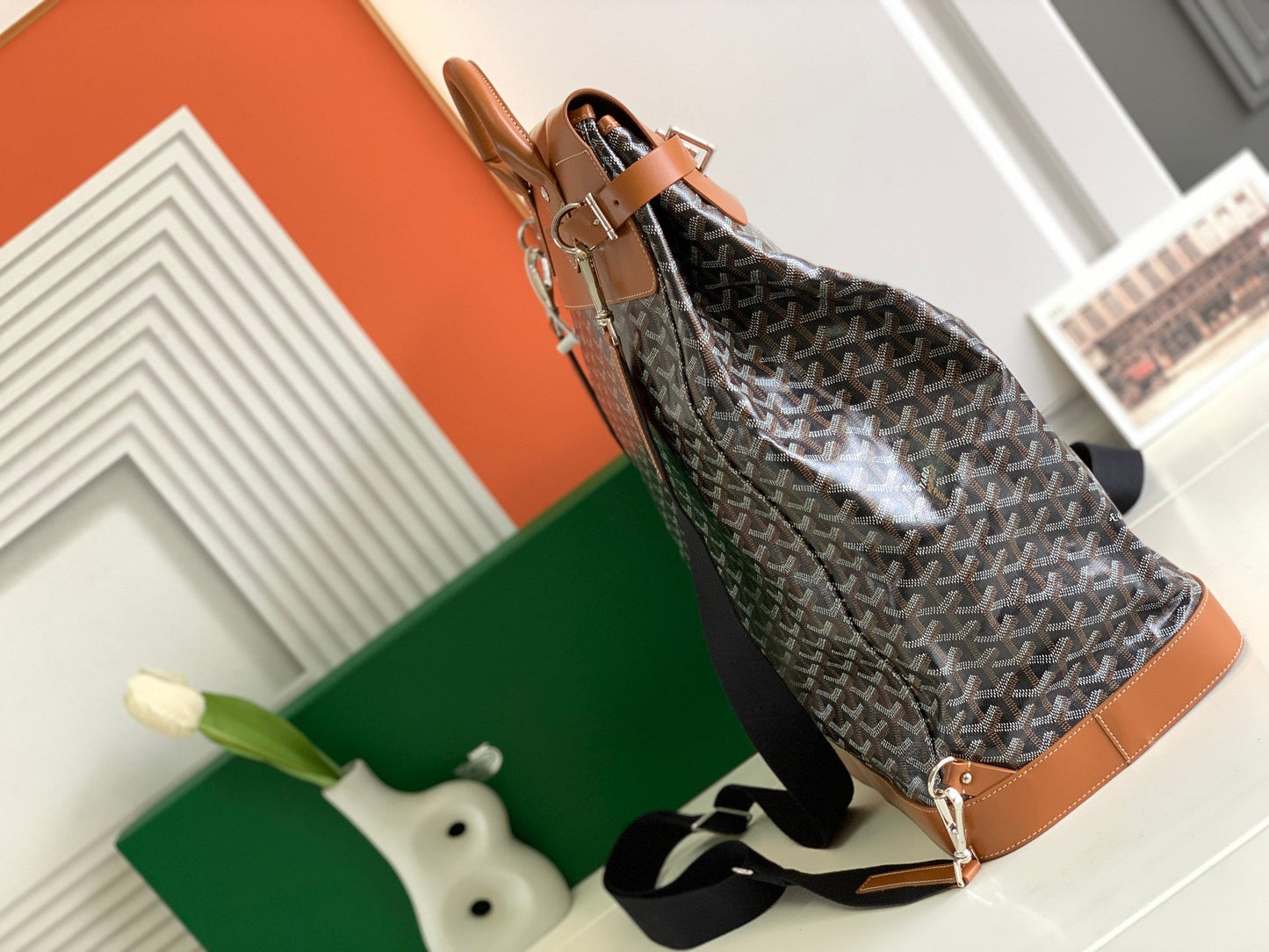 GOYA STEAMER PM BAG 48CM BLACK AND TAN CANVAS
